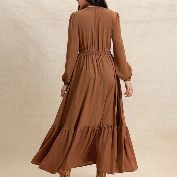 Boho Beauty Brown Women's Cinch Lace waist long sleeve Maxi Dress - Picture 3 of 8